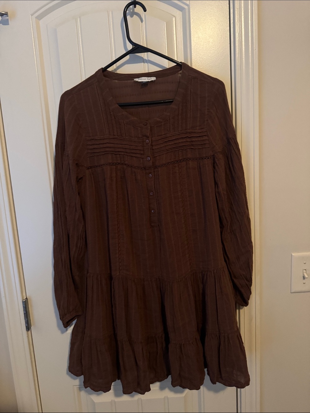American Eagle Outfitters Brown Long-Sleeve Tiered Button-Front Dress